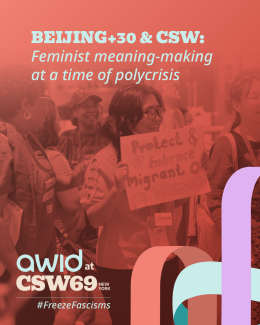 Image cover for Blog post "Beijing+30 & CSW: Feminist meaning-making at a time of polycrisis". It shows an photo of a crowd at the AWID 2024 Forum. The image is faint and has an orange filter applied over it.