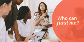 The photo shows a team having a meeting, in the middle of a discussion. To the right, there is a cropped circle with the words "Who can fund me?" inside. 